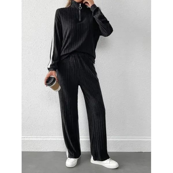 Kadın Uzun Kollu Yakadan Fermuarlı Yanları şerit Detaylı şardonlu Kaşkorse Bluz Ve Pantolon Ikili Takım