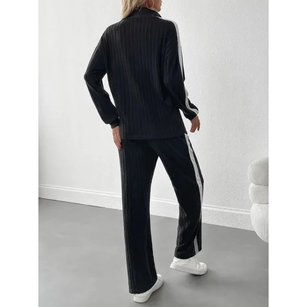 Kadın Uzun Kollu Yakadan Fermuarlı Yanları şerit Detaylı şardonlu Kaşkorse Bluz Ve Pantolon Ikili Takım