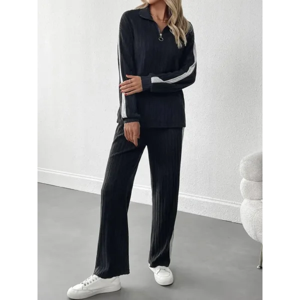 Kadın Uzun Kollu Yakadan Fermuarlı Yanları şerit Detaylı şardonlu Kaşkorse Bluz Ve Pantolon Ikili Takım