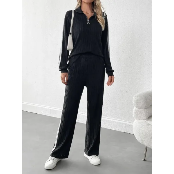 Kadın Uzun Kollu Yakadan Fermuarlı Yanları şerit Detaylı şardonlu Kaşkorse Bluz Ve Pantolon Ikili Takım