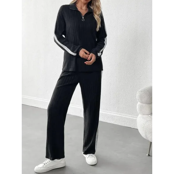 Kadın Uzun Kollu Yakadan Fermuarlı Yanları şerit Detaylı şardonlu Kaşkorse Bluz Ve Pantolon Ikili Takım