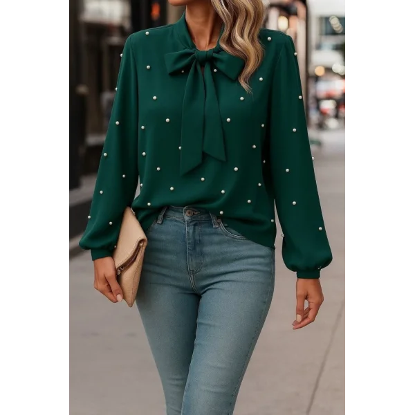 Kadın Uzun Kollu Yakadan Fiyonklu Incili Ithal Krep Bluz