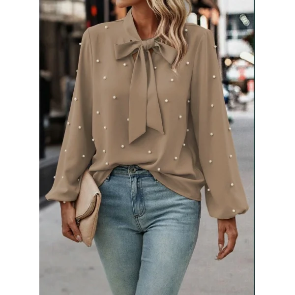 Kadın Uzun Kollu Yakadan Fiyonklu Incili Ithal Krep Bluz