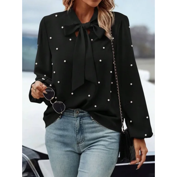 Kadın Uzun Kollu Yakadan Fiyonklu Incili Ithal Krep Bluz