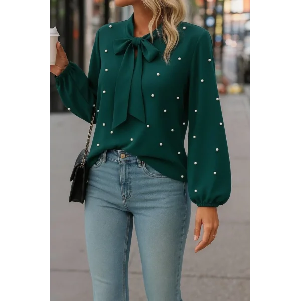 Kadın Uzun Kollu Yakadan Fiyonklu Incili Ithal Krep Bluz