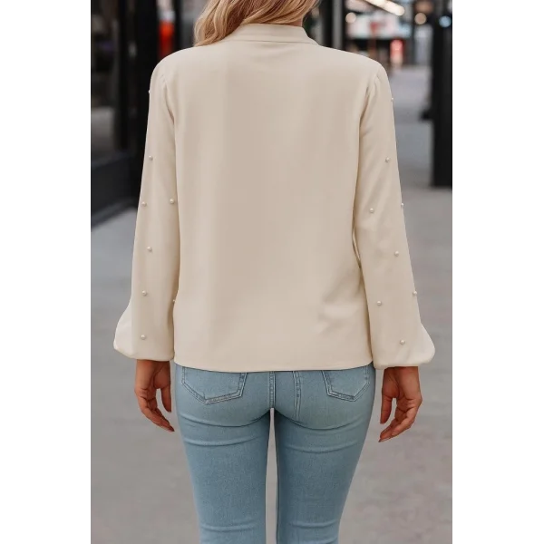 Kadın Uzun Kollu Yakadan Fiyonklu Incili Ithal Krep Bluz