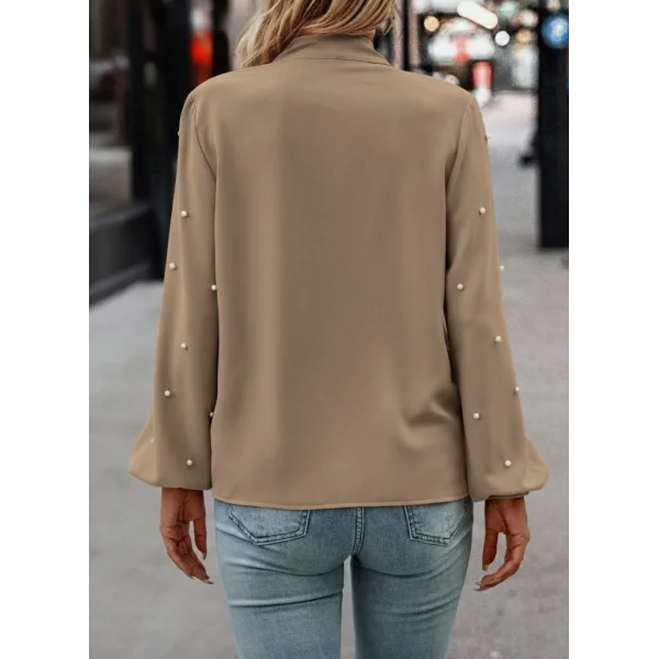 Kadın Uzun Kollu Yakadan Fiyonklu Incili Ithal Krep Bluz