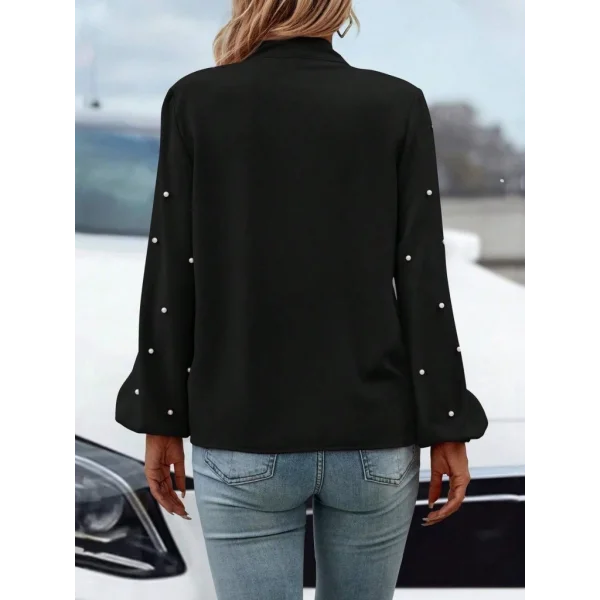 Kadın Uzun Kollu Yakadan Fiyonklu Incili Ithal Krep Bluz