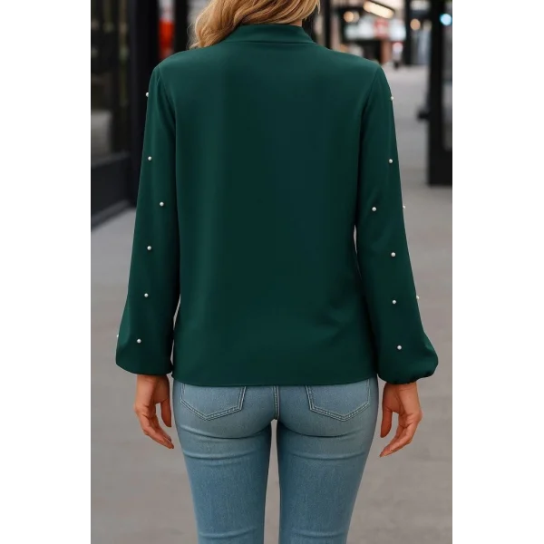 Kadın Uzun Kollu Yakadan Fiyonklu Incili Ithal Krep Bluz