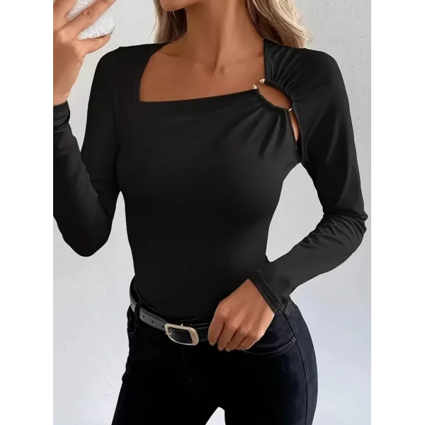 Kadın Uzun Kollu Yakadan Halka Detaylı Viskon Bluz