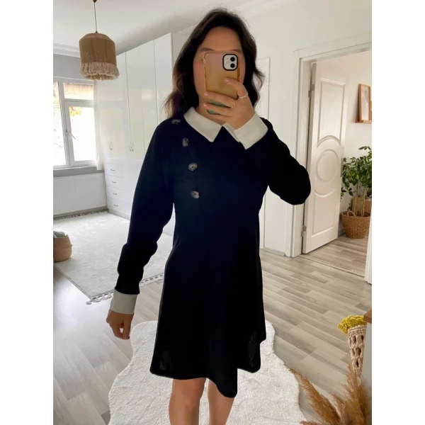 Kadın Uzun Kollu Yakalı A Kesim Kısa Ithal Krep Elbise