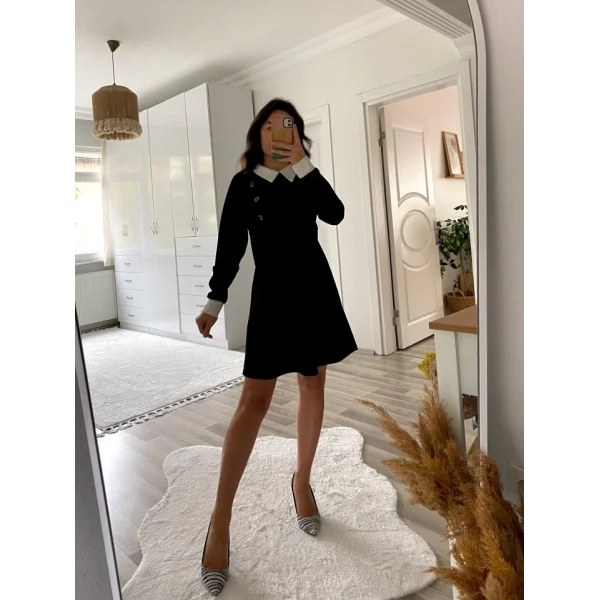 Kadın Uzun Kollu Yakalı A Kesim Kısa Ithal Krep Elbise