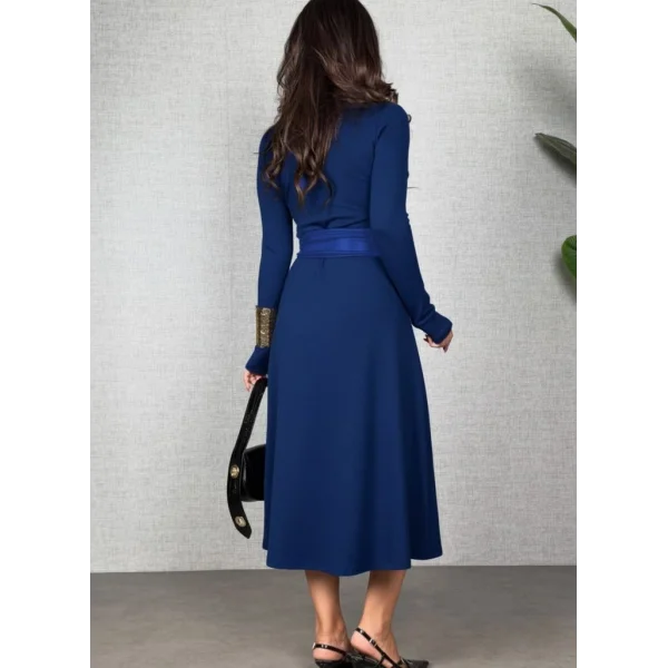 Kadın Uzun Kollu Yakalı Belden Deri Detaylı Kuşaklı Yırtmaçlı Midi Viskon Iki Iplik Elbise