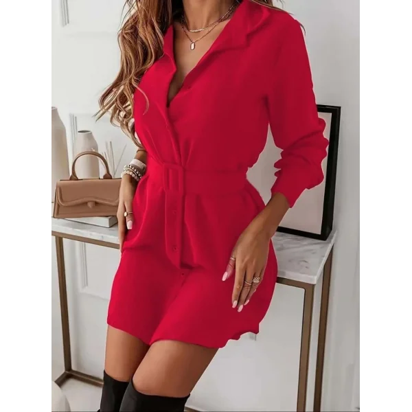 Kadın Uzun Kollu Yakalı Belden Kemerli Kıs Ithal Krep Elbise