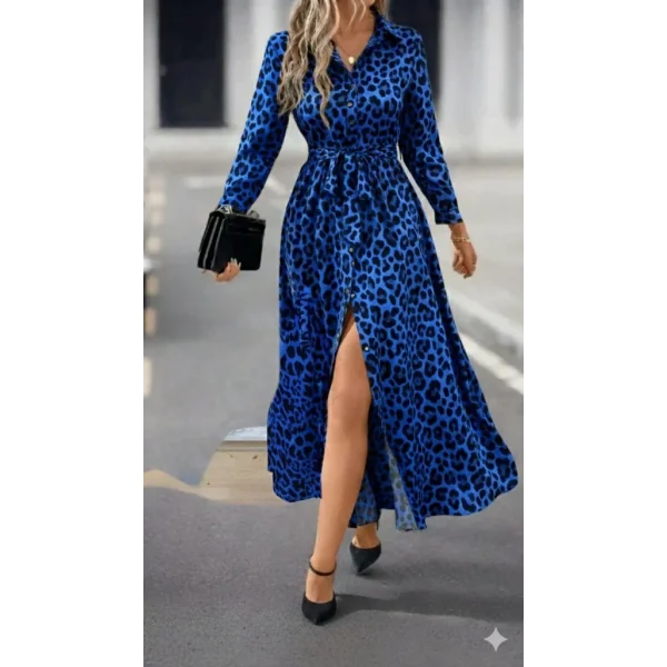 Kadın Uzun Kollu Yakalı Belden Kuşaklı Leopar Desenli Modal Uzun Elbise