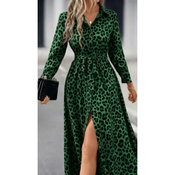 Kadın Uzun Kollu Yakalı Belden Kuşaklı Leopar Desenli Modal Uzun Elbise