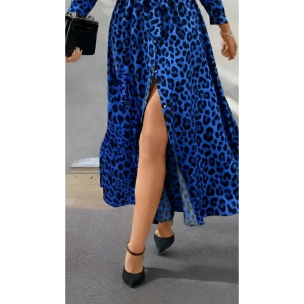 Kadın Uzun Kollu Yakalı Belden Kuşaklı Leopar Desenli Modal Uzun Elbise