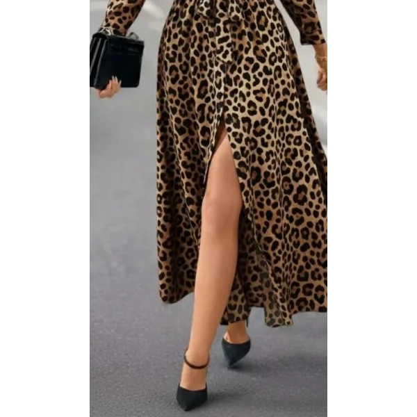 Kadın Uzun Kollu Yakalı Belden Kuşaklı Leopar Desenli Modal Uzun Elbise