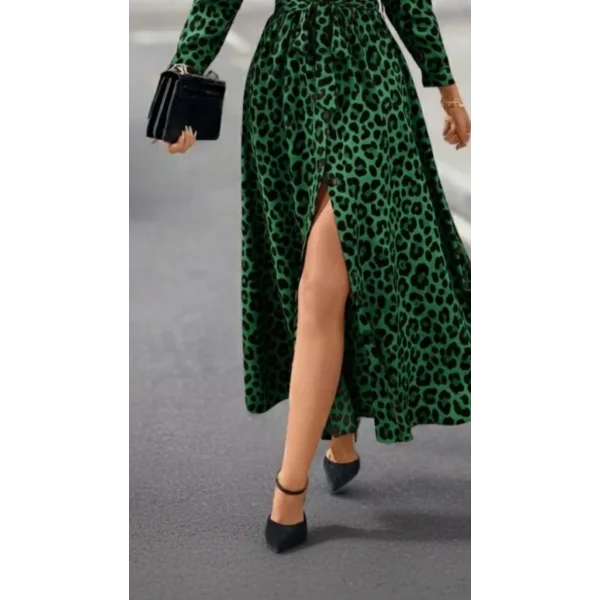 Kadın Uzun Kollu Yakalı Belden Kuşaklı Leopar Desenli Modal Uzun Elbise