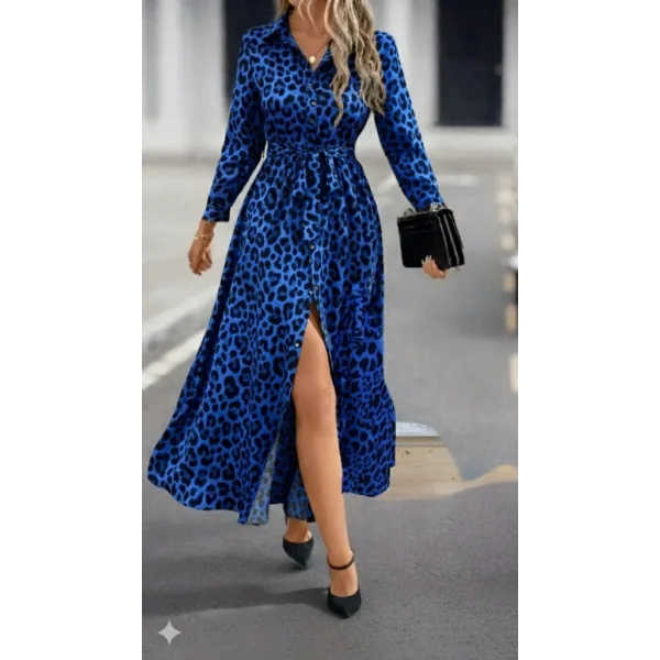 Kadın Uzun Kollu Yakalı Belden Kuşaklı Leopar Desenli Modal Uzun Elbise