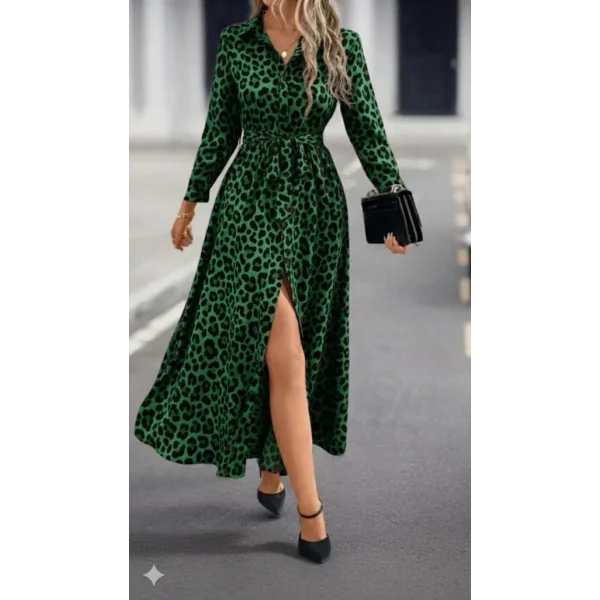 Kadın Uzun Kollu Yakalı Belden Kuşaklı Leopar Desenli Modal Uzun Elbise