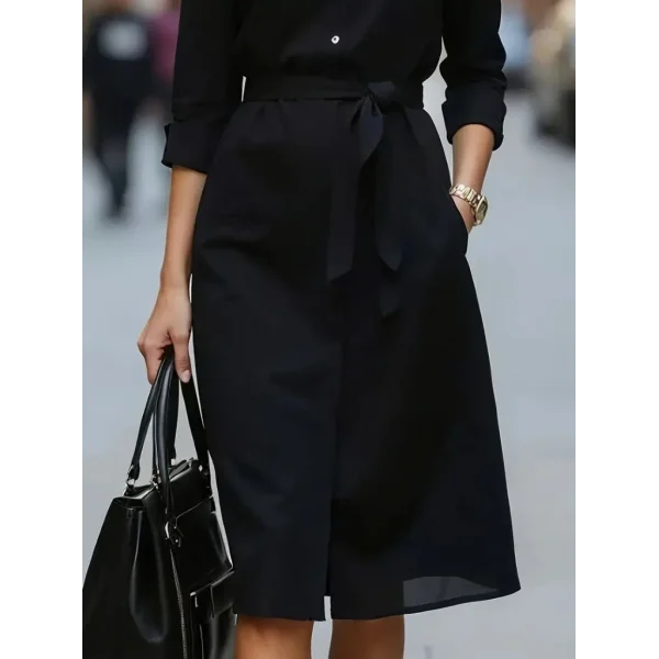 Kadın Uzun Kollu Yakalı Belden Kuşaklı Midi Trikoton Elbise