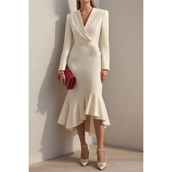 Kadın Uzun Kollu Yakalı Belden Oturtmalı Midi Ithal Krep Elbise