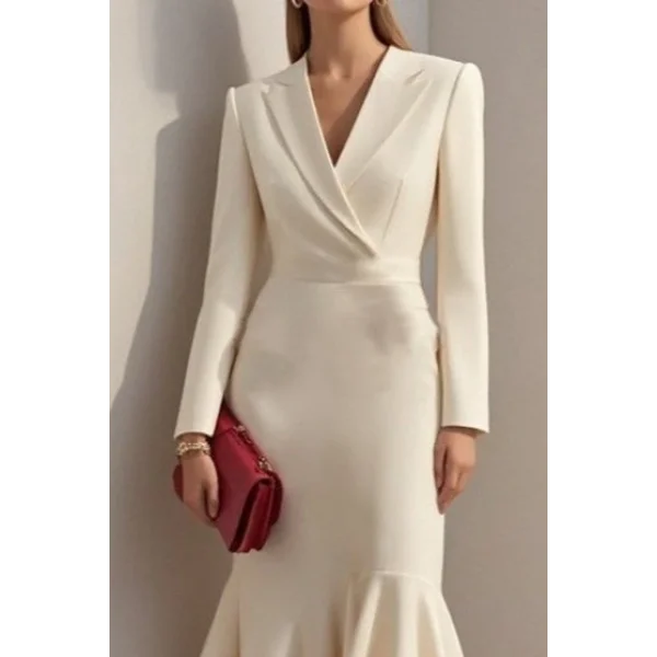 Kadın Uzun Kollu Yakalı Belden Oturtmalı Midi Ithal Krep Elbise