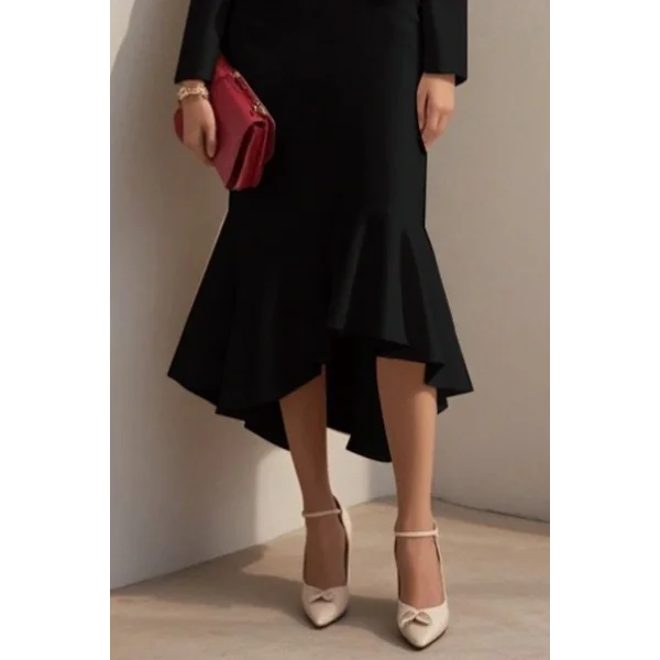 Kadın Uzun Kollu Yakalı Belden Oturtmalı Midi Ithal Krep Elbise