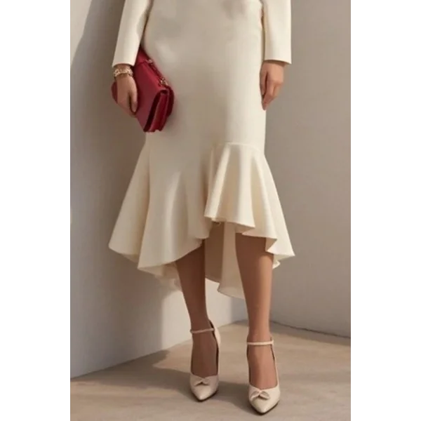 Kadın Uzun Kollu Yakalı Belden Oturtmalı Midi Ithal Krep Elbise