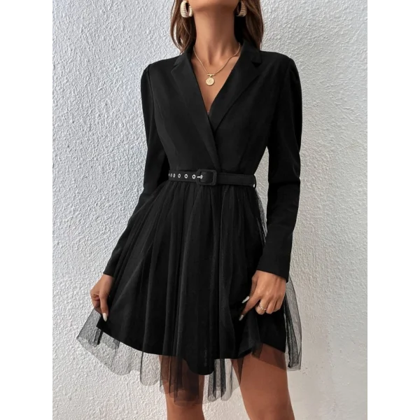 Kadın Uzun Kollu Yakalı Belinde Kemer Detaylı Mini Tüllü Ithal Krep Elbise