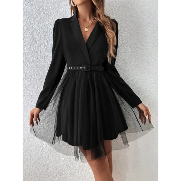 Kadın Uzun Kollu Yakalı Belinde Kemer Detaylı Mini Tüllü Ithal Krep Elbise