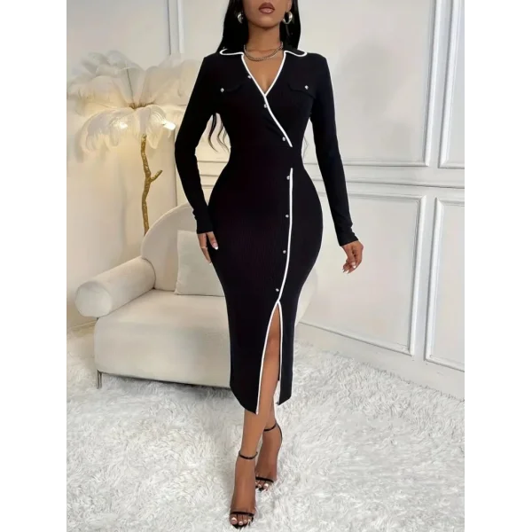 Kadın Uzun Kollu Yakalı Cepli Düğmeli Yırtmaç Detaylı Modal Uzun Elbise