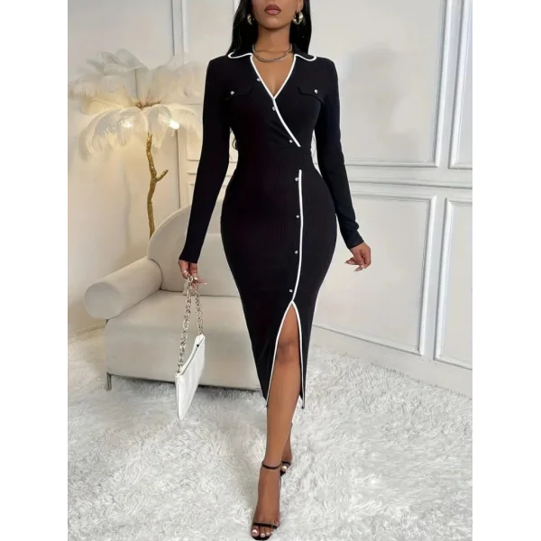 Kadın Uzun Kollu Yakalı Cepli Düğmeli Yırtmaç Detaylı Modal Uzun Elbise