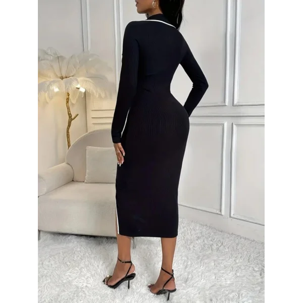 Kadın Uzun Kollu Yakalı Cepli Düğmeli Yırtmaç Detaylı Modal Uzun Elbise