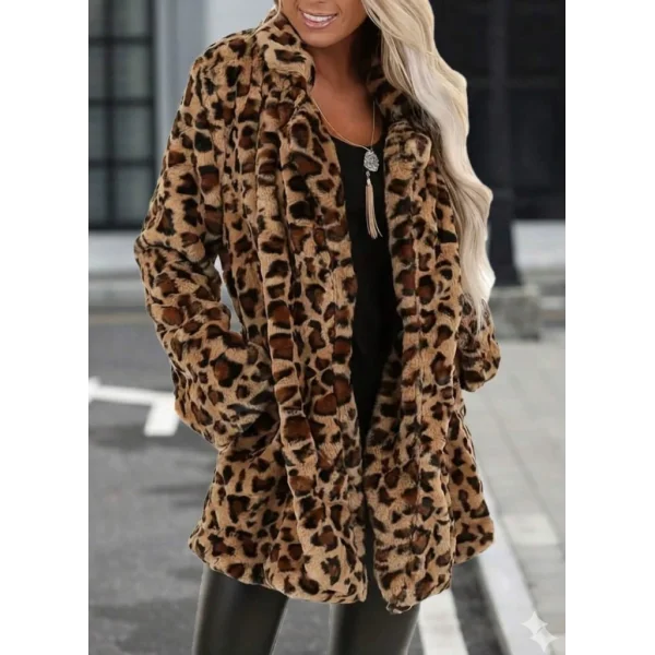 Kadın Uzun Kollu Yakalı Cepli Kısa Peluş Leopar Kaban