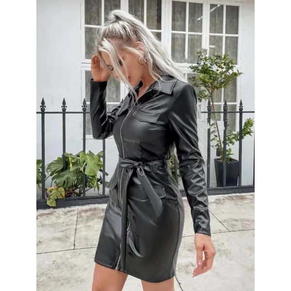 Kadın Uzun Kollu Yakalı Cepli önü Fermuarlı Mini Deri Elbise