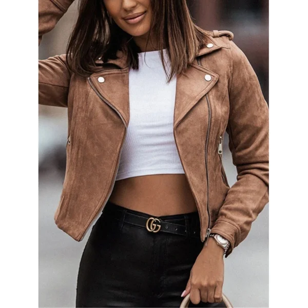 Kadın Uzun Kollu Yakalı Cıtcıtlı Fermuarlı Süet Ceket