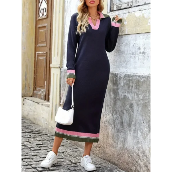 Kadın Uzun Kollu Yakalı çok Renkli Triko Uzun Elbise