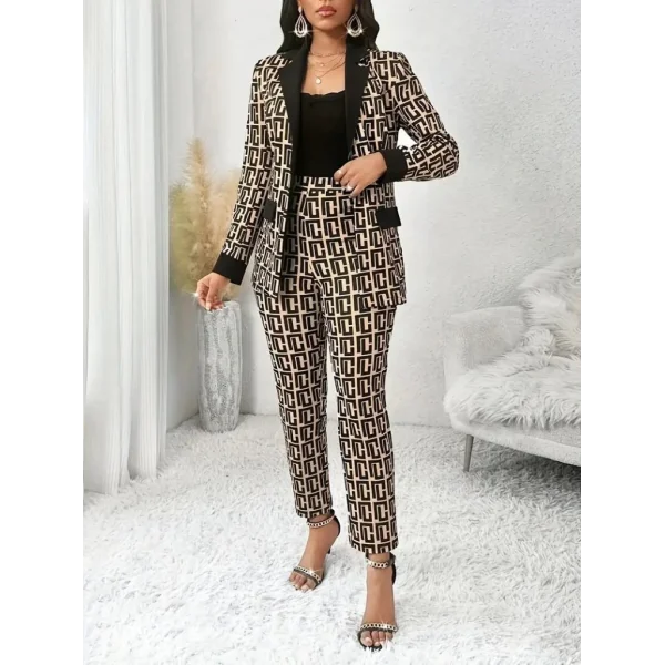 Kadın Uzun Kollu Yakalı Desenli Dalgıç Ceket Bluz Ve Pantolon üçlü Takım