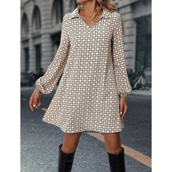Kadın Uzun Kollu Yakalı Desenli Mini Modal Elbise