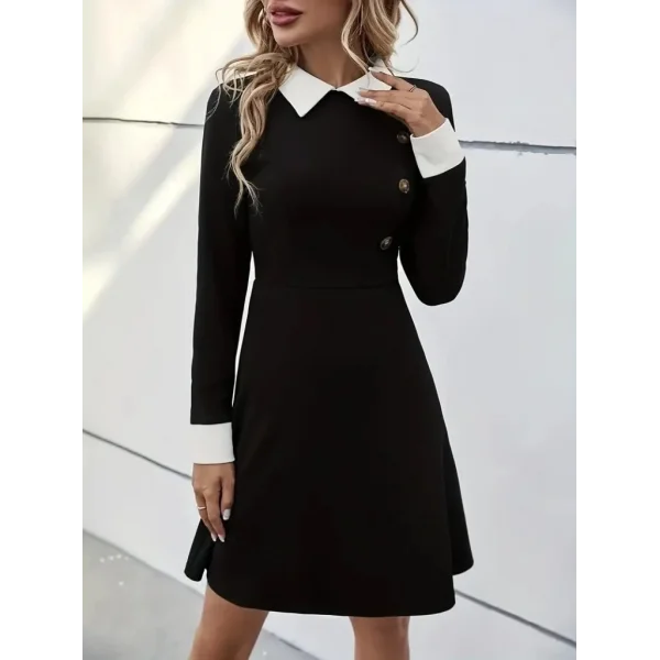 Kadın Uzun Kollu Yakalı Düğmeli Kısa Modal Mini Elbise