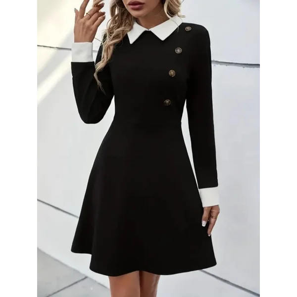 Kadın Uzun Kollu Yakalı Düğmeli Kısa Modal Mini Elbise