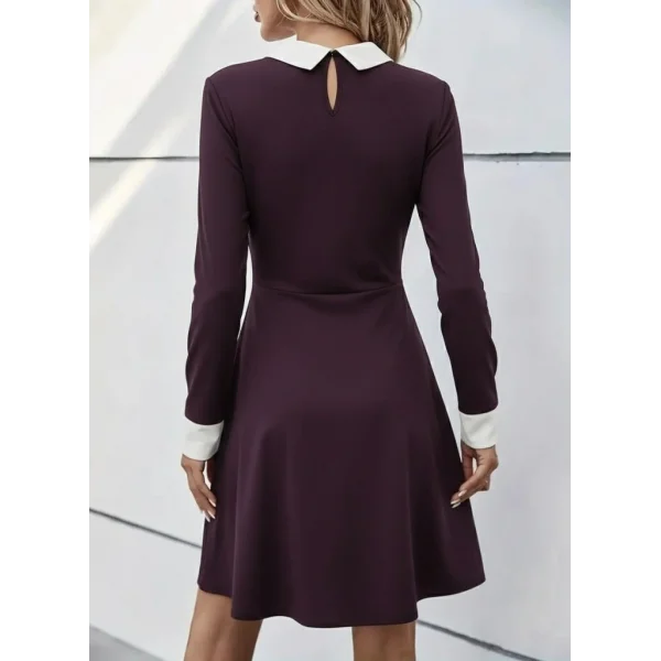 Kadın Uzun Kollu Yakalı Düğmeli Mürdüm Modal Mini Elbise