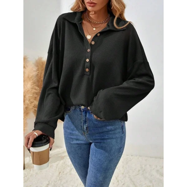 Kadın Uzun Kollu Yakalı Düğmeli Salaş Waffle Bluz
