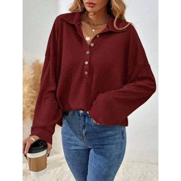 Kadın Uzun Kollu Yakalı Düğmeli Salaş Waffle Bluz