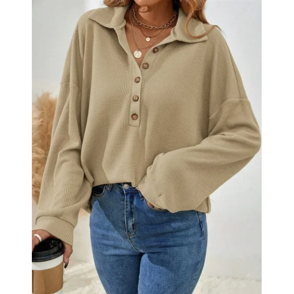 Kadın Uzun Kollu Yakalı Düğmeli Salaş Waffle Bluz