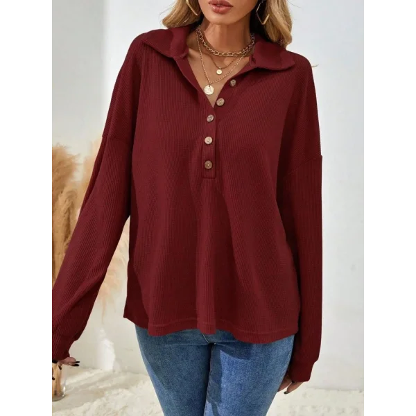 Kadın Uzun Kollu Yakalı Düğmeli Salaş Waffle Bluz