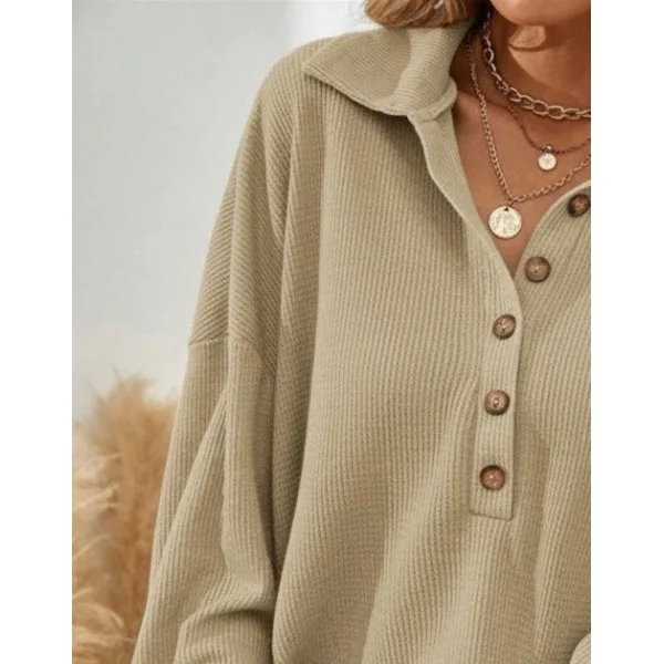 Kadın Uzun Kollu Yakalı Düğmeli Salaş Waffle Bluz