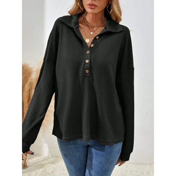 Kadın Uzun Kollu Yakalı Düğmeli Salaş Waffle Bluz